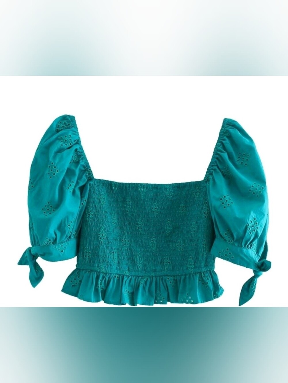 Zara teal blue smocked crop top featuring puff sleeves Small
